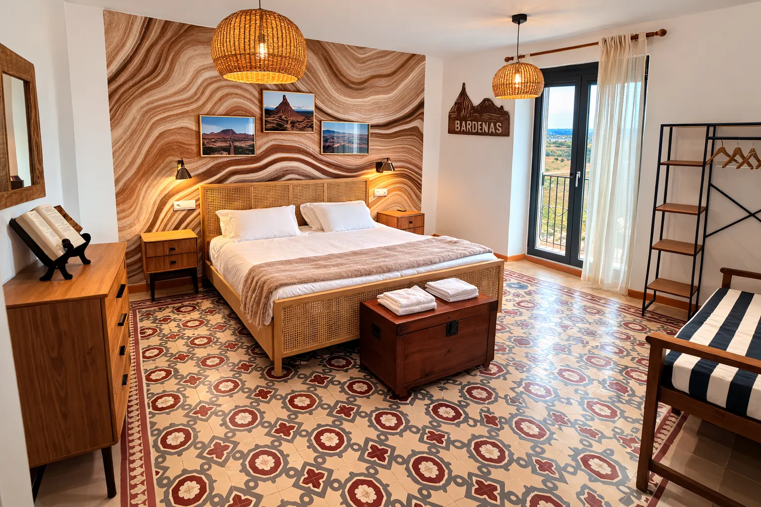 Habitación Bardenas con cama de madera, papel mural de arenisca y salida al balcón