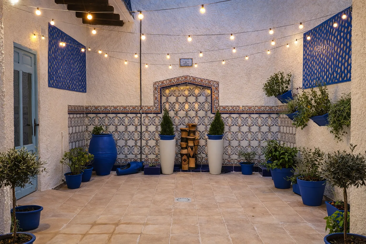 Patio interior con azulejos azules, vegetación, fuente y guirnalda de luces