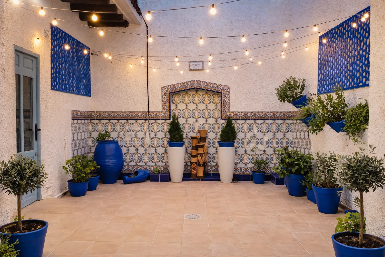 Patio interior con macetas azules y vegetación